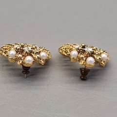 Vintage Hoop Earrings Wire Openwork Faux Pearls 1 3/8″
