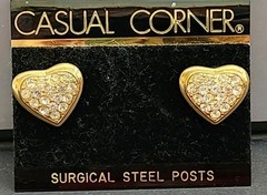 Vintage Casual Corner Heart Rhinestones Gold Color Earrings Surgical Steel Posts