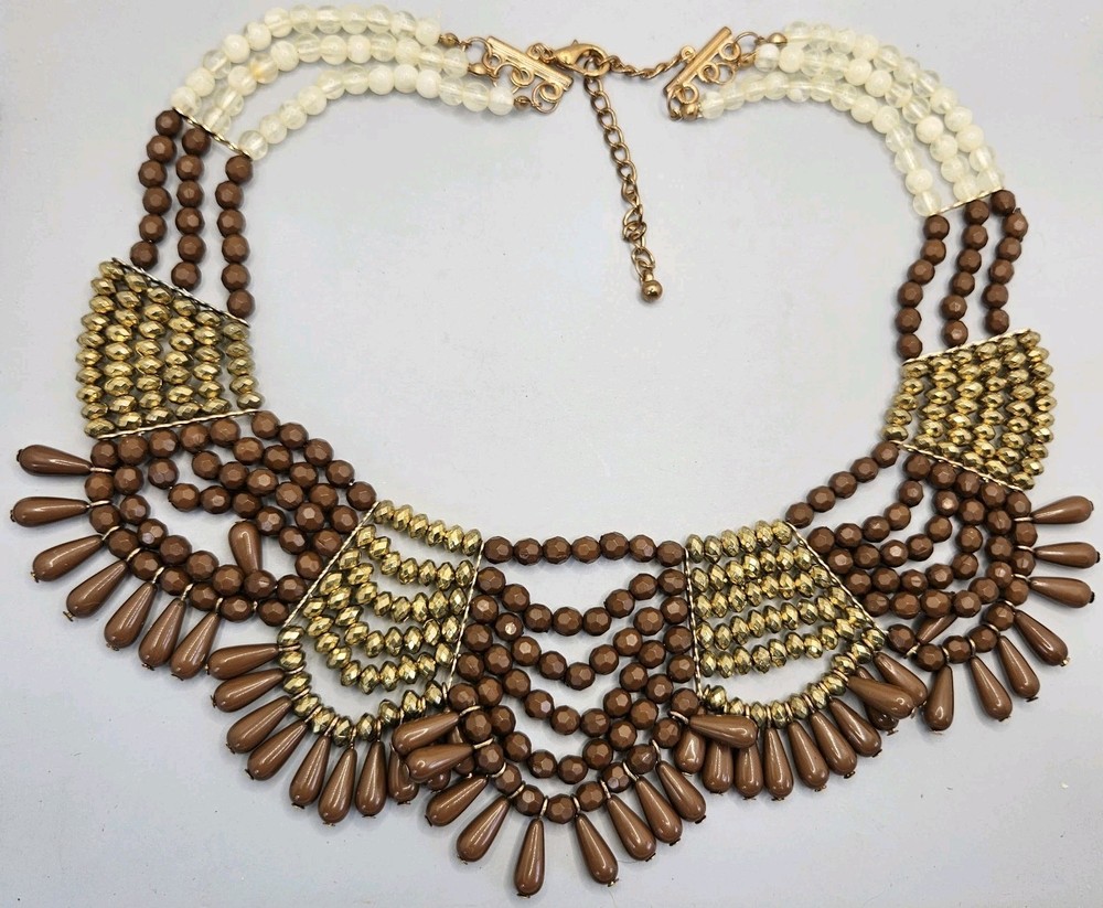 Beaded Necklace Tribal Bib Collar Statement Runway Boho Gold Tone Brown VTG 16″