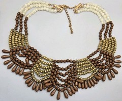 Beaded Necklace Tribal Bib Collar Statement Runway Boho Gold Tone Brown VTG 16″