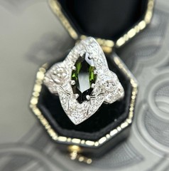 Art Deco Marquise Green Tourmaline Diamond Platinum Ring