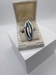 Vintage 1970s Navajo Crushed Turquoise & Coral Old Pawn Statement Long Ring 6.5