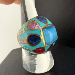 Enamel Dome Ring Blue Abstract Stainless Steel Gold Tone Size 8.75