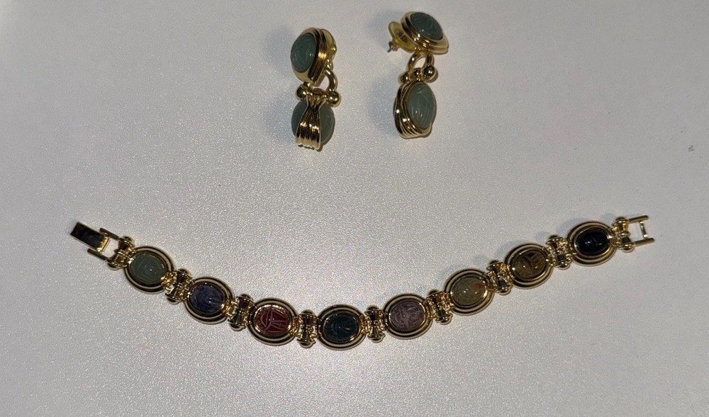 Vintage Gold Tone Scarab Multi Color Stone Bracelet and Vintage Green Earrings