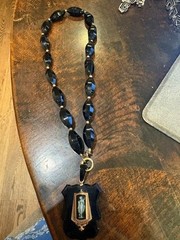 Victorian Mourning Necklace Carved Black Onyx Shield Pendant-onyx beads