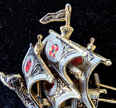 Vintage Damascene Spanish Galleon Ship Brooch Red Enamel Details Signed 1.5″