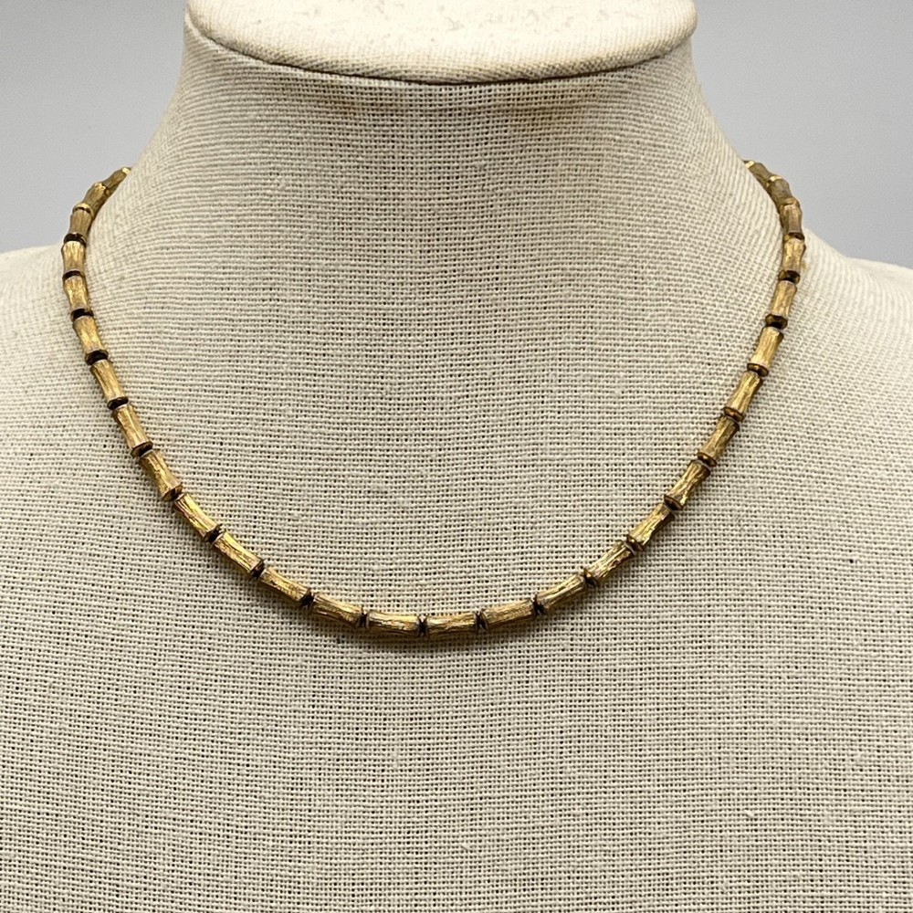 Vintage Bamboo Link Necklace Antiqued Textured Gold Tone 15.5″