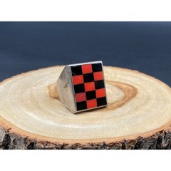 Vintage Coral Red and Black Checker Inlay Sterling Silver Ring Size 11.75