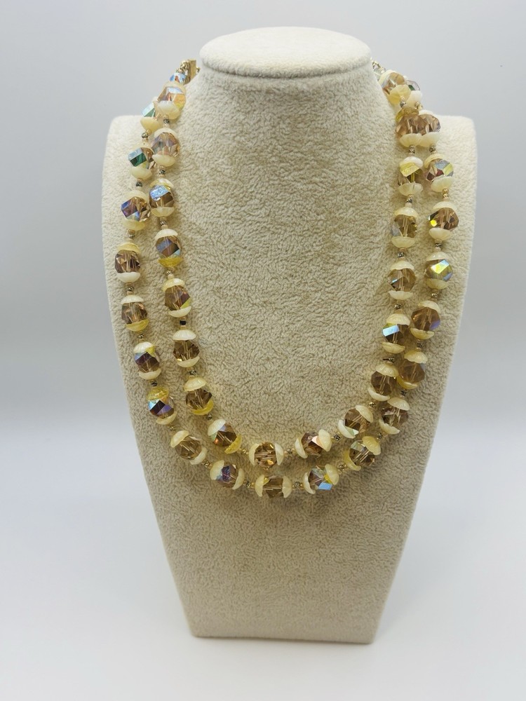 Vintage VENDOME MCM AB Crystal Double Strand Necklace Cream Color Bead Caps 16″