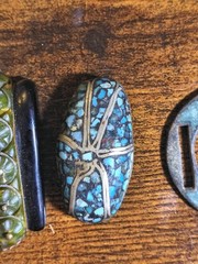 3pc Vtg 1930s Art Deco Jewelry Lot Carved Celluloid Pendant Turquoise Buckle