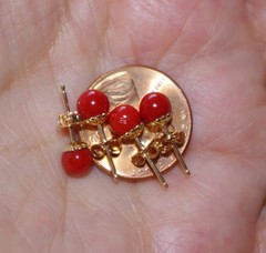 RARE ITALIAN SARDINIA 14K CALIBRATED RED CORAL 5.5 MM BALL FANCY STUD EARRINGS
