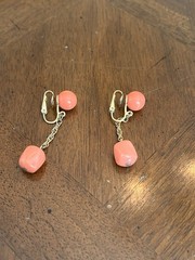 Vintage Crown Trifari Coral Tone Beaded Dangle/Drop Earrings Gold Tone Signed!