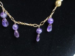 Antique-Like 14K GF Flowerette Necklace w/Jade, Amethyst, Pearl 30.75″L Handmade