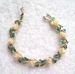 Vintage White Acetate Plastic Roses and Green Enamel Leaves Linked Bracelet