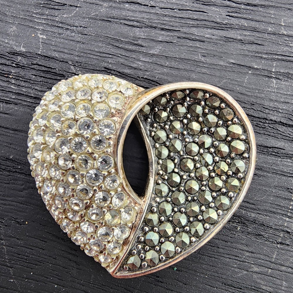 Vintage 925 Sterling Silver Thailand Marcasite Crystal Split Heart Slide Pendant