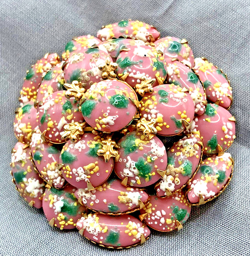 Vtg. Murano FIORATO Glass Pink Cabochon Brooch Hard to find Unusual