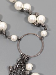 Gray Metallic White Faux Pearl Charm Chain Tassel Beaded Necklace 21 in