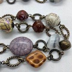 Vtg Boho Statement Bead Brass Chain Link Statement Necklace 34” Signed