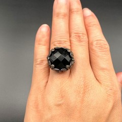 Vintage Art Deco Faceted Black Sterling Silver Marcasite Ring Size 8.25