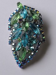 VTG MCM Aque Blue & Lime Green Rhinestone Leaf Brooch Pin (Some AB Finish)