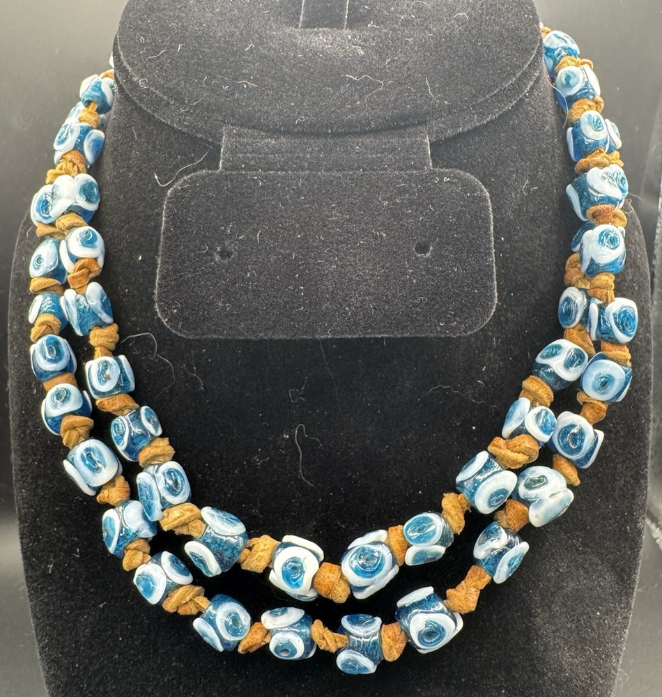 Vintage Blue & White Evil Eye Necklace Glass Lampwork Beads on Leather 32″