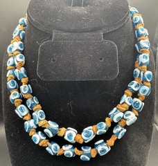 Vintage Blue & White Evil Eye Necklace Glass Lampwork Beads on Leather 32″