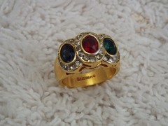 18Kt Gold Plated GERG Blue Red Green Crystal Ring ~ Size 6 (B3)