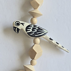 Chunky Carved Wood Bead Hand Painted Wood Parrots Birds Necklace Tribal Boho