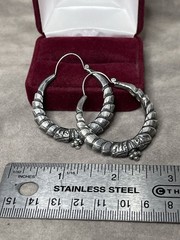Estate Antique Elegant Sterling Silver Ornate Pierced Hoop Earrings