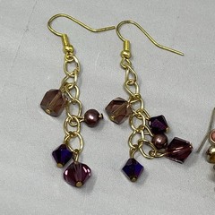 Glass Beaded Dangle Drop Earrings Pair (2) Purple Yellow Fringe Pierced