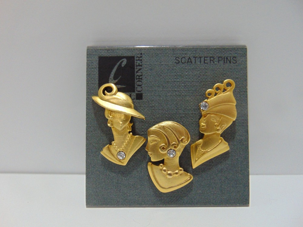 Casual Corner Scatter Pins 3 Art Deco Women Gold Tone With Rhinestones