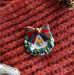 Christmas Wreath – Japanese cloisonné enamel Mini Brooch Made-to-order NEW
