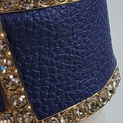 Gold Tone Blue Pebble Leather Inlay Hinge Bracelet With Clear Crystal 6.75 in
