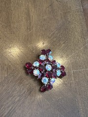 Vintage Dark Red & Clear AB Rhinestone Floral Cluster Brooch Gold Tone Nice!