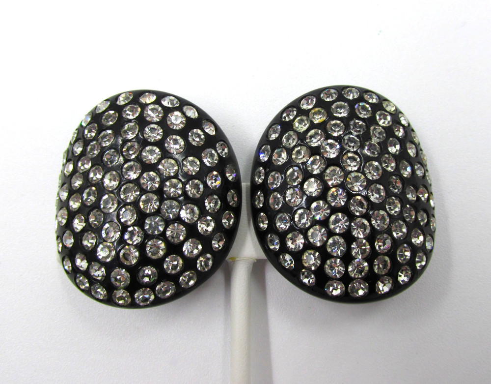 Large Black Lucite Flush Set Rhinestone Clip Earrings Mid-Century Vintage