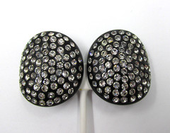 Large Black Lucite Flush Set Rhinestone Clip Earrings Mid-Century Vintage