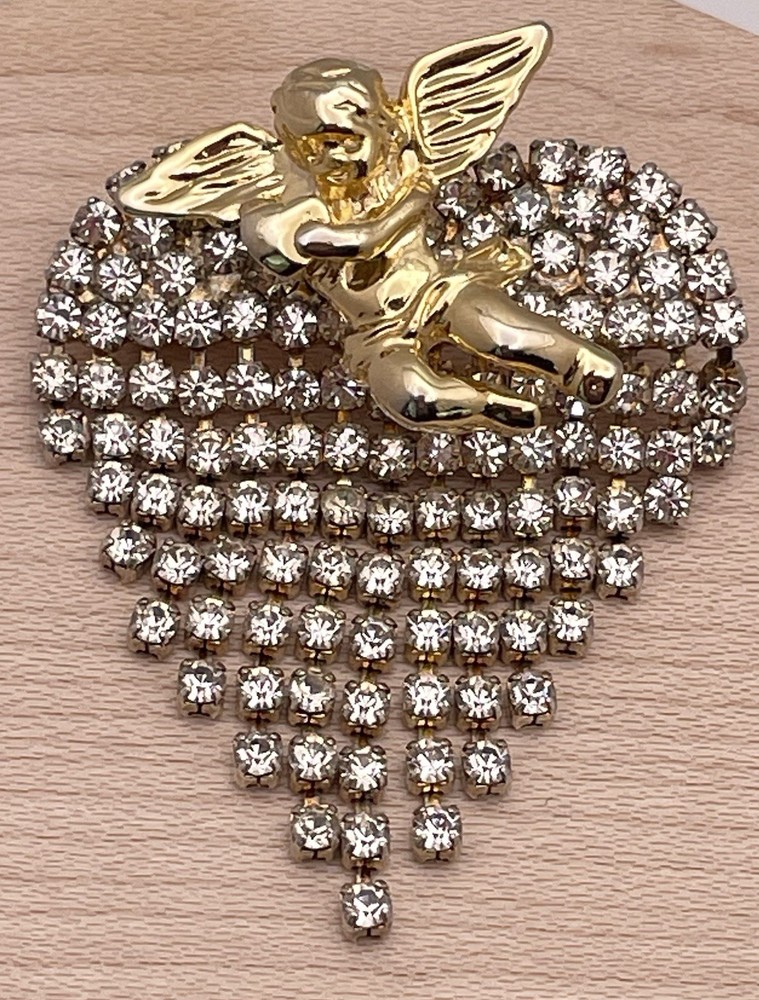 Valentine’s Cupid Rhinestone Heart Love Gold Tone Brooch