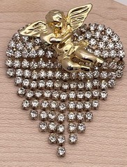 Valentine’s Cupid Rhinestone Heart Love Gold Tone Brooch