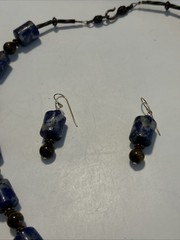 Lapis Lazuli & Tigers Eye Gems Necklace 20” Pierced Earrings 1 3/4” By 1/4”