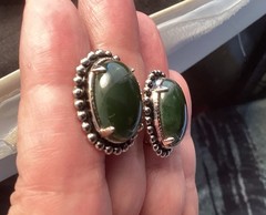 Vintage Sterling Silver Green Onyx Pebbled Screw Back Signed JJJ Earrings