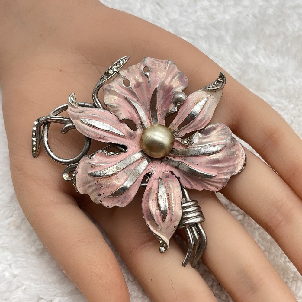 Vintage Pot Metal Brooch Pink Flower LARGE 3″ AS IS