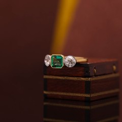 New by Heritage No Oil Emerald 3 Stone Old European Diamond Ring 2.45 ctw