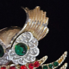 Great Horned Owl Brooch Costume Pin Red Green Rhinestones Tail Moves Vintage