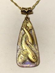 LAST ONE*RARE-ANT.EGYPT REVIVAL GOLD AURORA CZECH GLASS FISH TRIANGLE NECKLACE.g