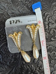 1928 Gold Tone Faux Pearl Rhinestone Dangle Earrings NOS Made in USA on Card
