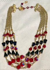 Vintage Signed VENDOME 4-Strand Ruby Red Black Crystal Bib Choker Necklace 17″