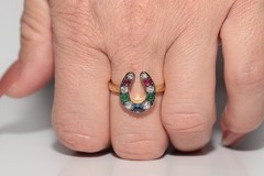 New Made 18k Gold Natural Diamond And Ruby Sapphire Emerald Horse Shoe Ring