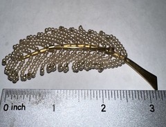 Gold Tone Feather Broach Ivory Seed Beads, 1950s Vintage Elegant Costume MCM