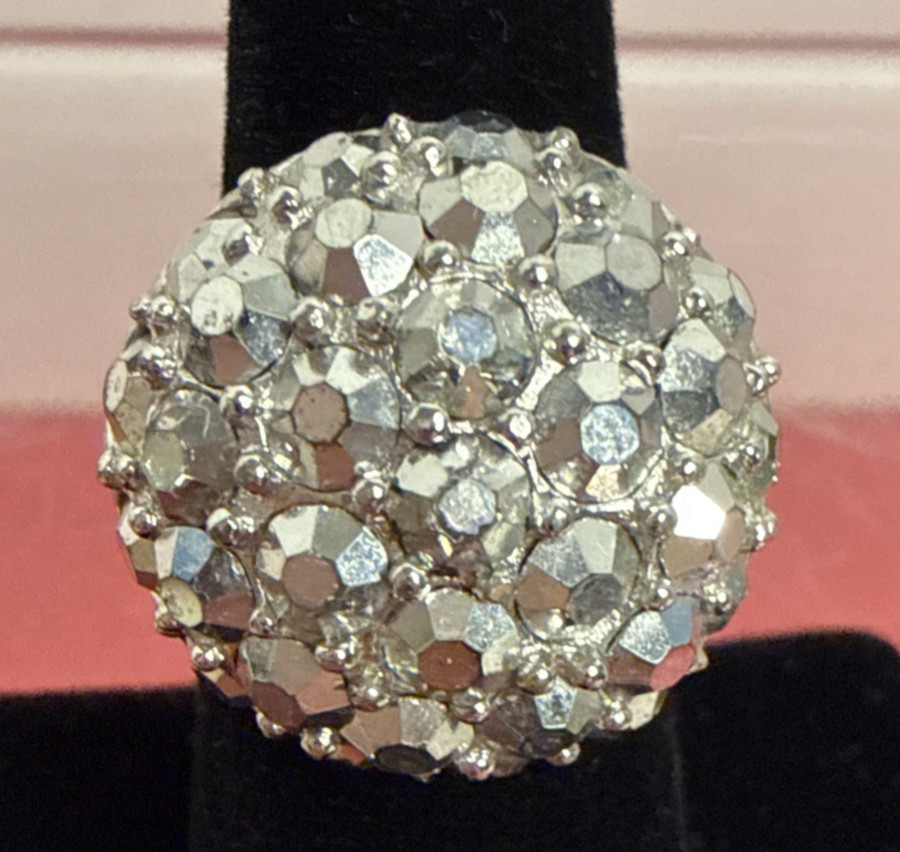 Vintage Silver Tone Rhinestone Dome Cocktail Ring Unmarked Adjustable Size