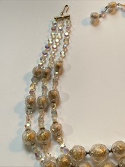 Vintage Mid-Century 3-Strand Beaded Gold Clear AB Acrylic Necklace 15 inch Japan